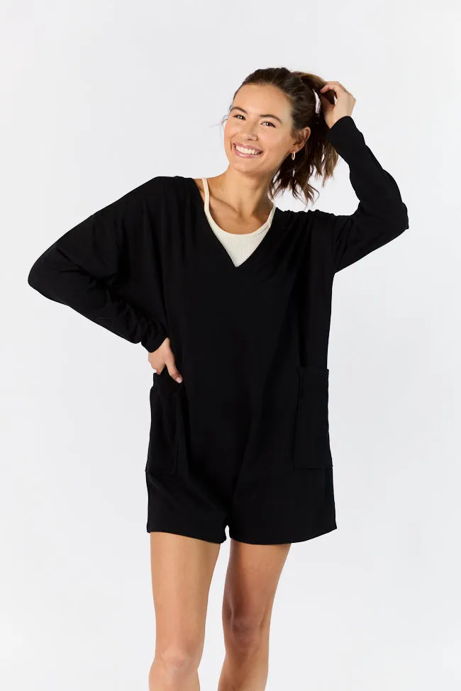 On A Daily Basis Black Deep V-Neck Pocketed Long Sleeve Romper FINAL SALE sold by Pink Lily