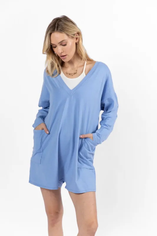 On A Daily Basis Indigo Deep V-Neck Pocketed Long Sleeve Romper FINAL SALE sold by Pink Lily