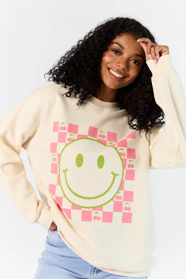 Checkered Cherry Smiley Cream Oversized Graphic Sweatshirt sold by Pink Lily product image thumbnail 3