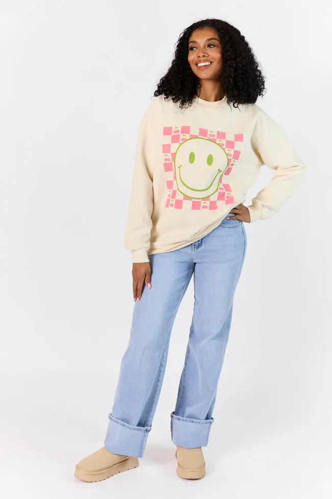 Checkered Cherry Smiley Cream Oversized Graphic Sweatshirt sold by Pink Lily product image thumbnail 2