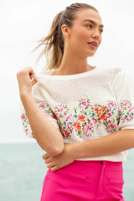 Come To The Garden Beige Multi Open Knit Floral Embroidered Short Sleeve Sweater sold by Pink Lily