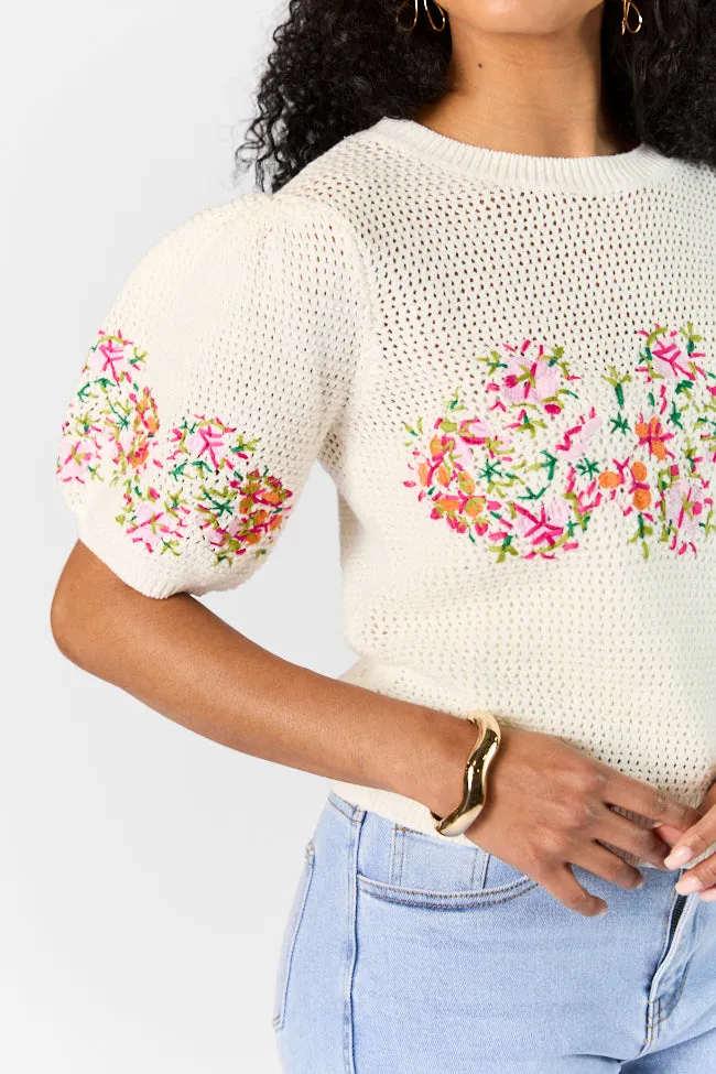Come To The Garden Beige Multi Open Knit Floral Embroidered Short Sleeve Sweater sold by Pink Lily product image thumbnail 5