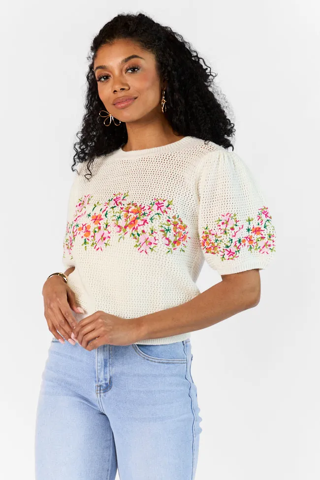 Come To The Garden Beige Multi Open Knit Floral Embroidered Short Sleeve Sweater sold by Pink Lily product image thumbnail 3
