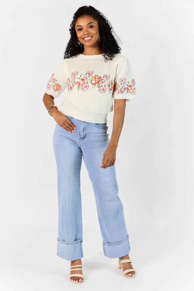 Come To The Garden Beige Multi Open Knit Floral Embroidered Short Sleeve Sweater sold by Pink Lily product image thumbnail 4