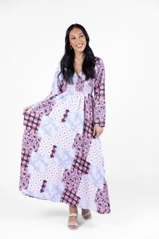Falling Petals Purple Patchwork Printed Maxi Dress FINAL SALE sold by Pink Lily