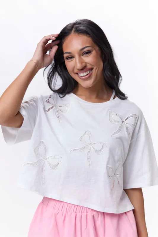 It's Forever Off White Bow Embroidered Lace Sweatshirt sold by Pink Lily