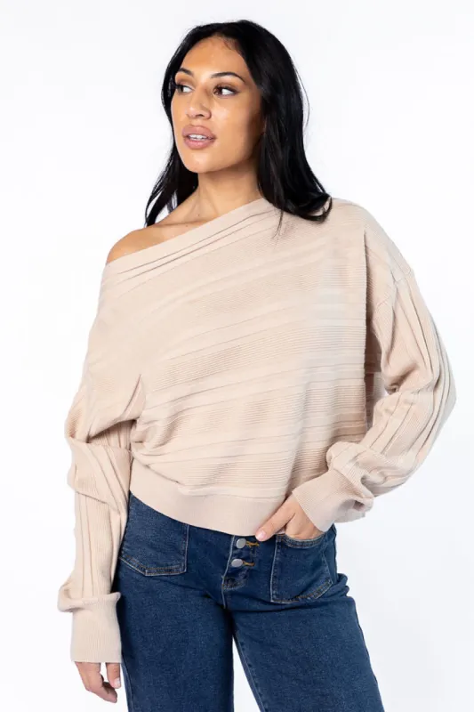 Feels Right Beige Off The Shoulder Ribbed Sweater FINAL SALE sold by Pink Lily