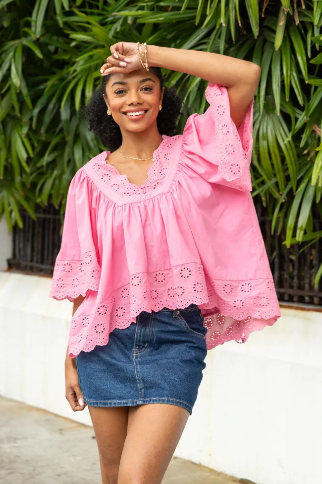 No Regrets Pink Eyelet Detail Popover Short Sleeve Blouse FINAL SALE sold by Pink Lily
