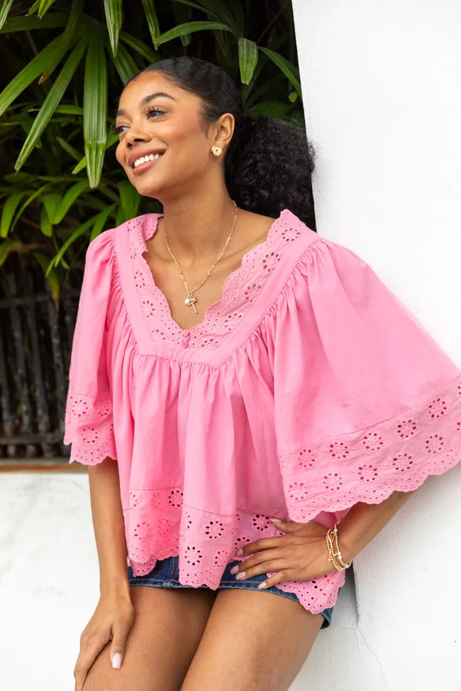 No Regrets Pink Eyelet Detail Popover Short Sleeve Blouse FINAL SALE sold by Pink Lily product image thumbnail 2