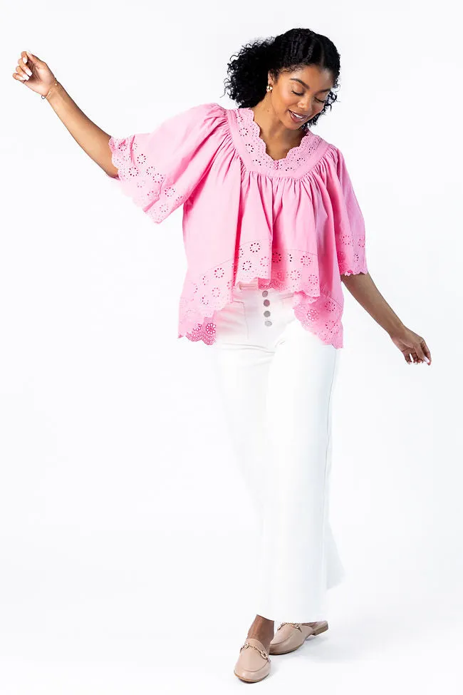 No Regrets Pink Eyelet Detail Popover Short Sleeve Blouse FINAL SALE sold by Pink Lily product image thumbnail 3