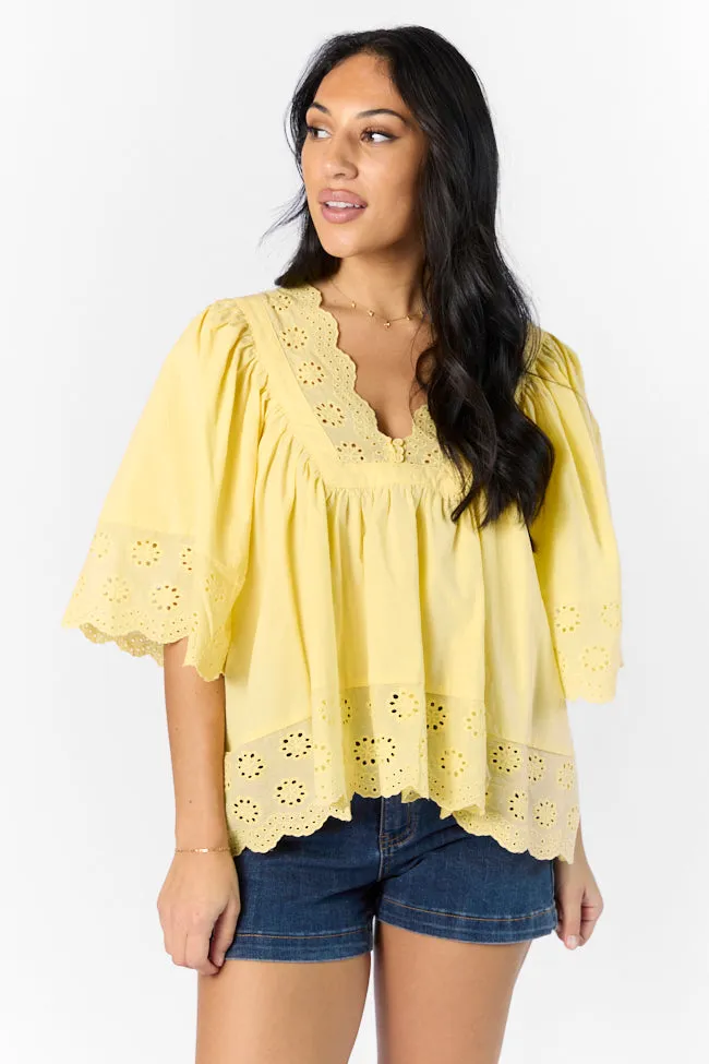 No Regrets Yellow Eyelet Detail Popover Short Sleeve Blouse FINAL SALE sold by Pink Lily