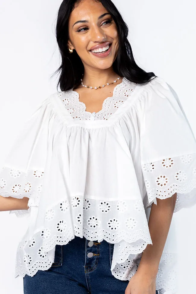No Regrets Ivory Eyelet Detail Popover Short Sleeve Blouse sold by Pink Lily