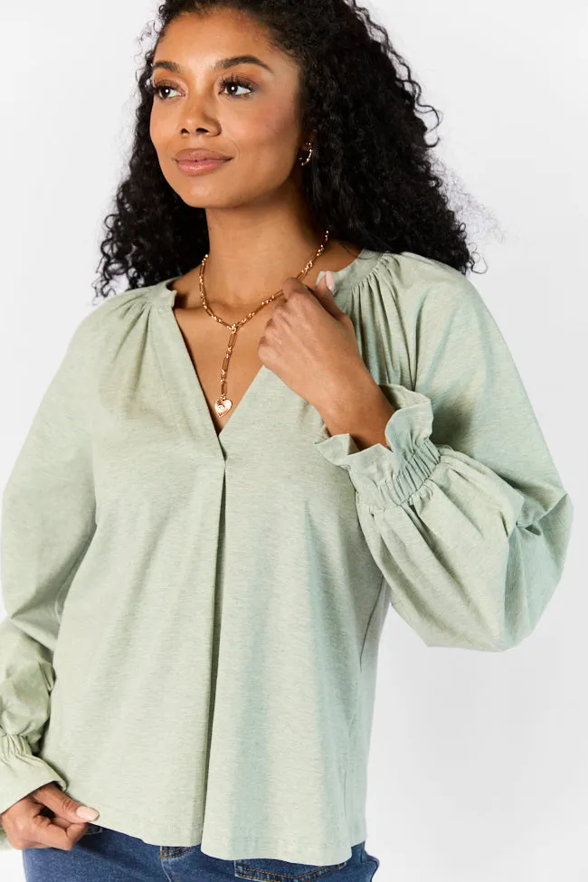 Simply You Sage Knit Notched Neck Long Sleeve Blouse FINAL SALE sold by Pink Lily product image thumbnail 3