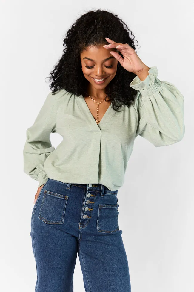 Simply You Sage Knit Notched Neck Long Sleeve Blouse FINAL SALE sold by Pink Lily