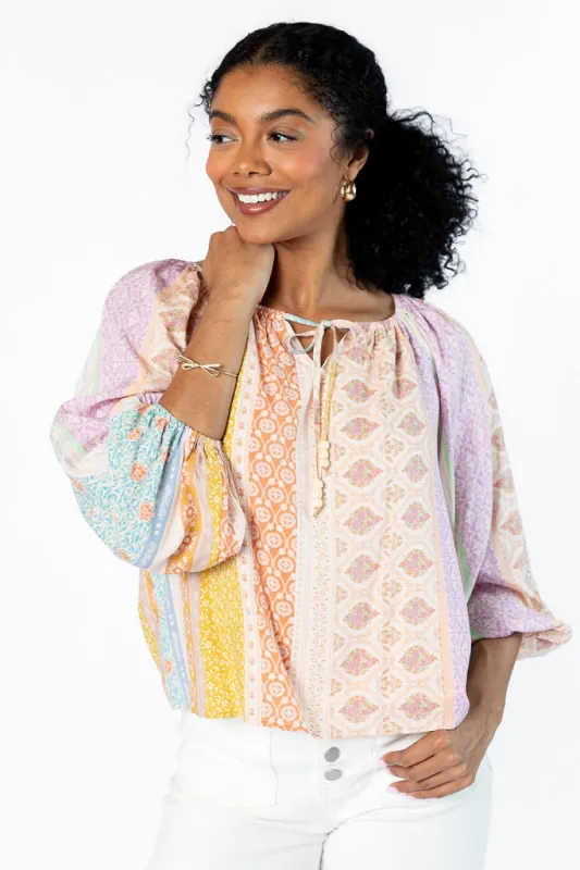 Come Along Multi Floral Patch Print Woven Pop Over Blouse FINAL SALE sold by Pink Lily