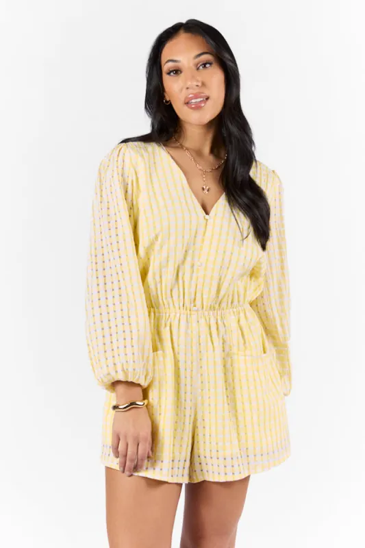 Set On You Yellow Gingham Long Sleeve Romper FINAL SALE sold by Pink Lily