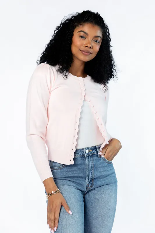 Perfect Clarity Blush Scalloped Trim Cardigan FINAL SALE sold by Pink Lily