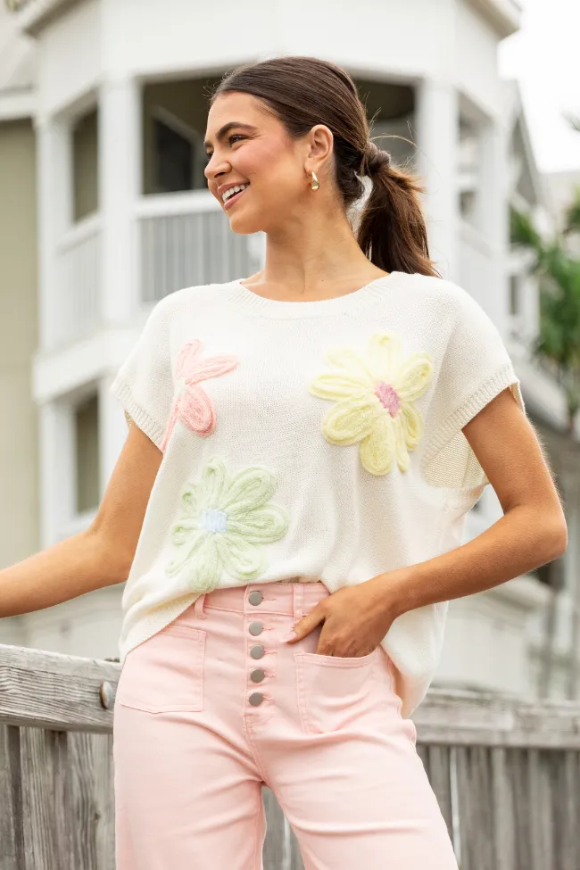 Blooming Joy Ivory Multi Flower Embroidered Short Sleeve Sweater SALE sold by Pink Lily