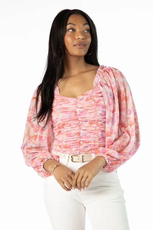 Show Me The Way Pink Multi Ruched Balloon Sleeve Floral Bodysuit FINAL SALE sold by Pink Lily
