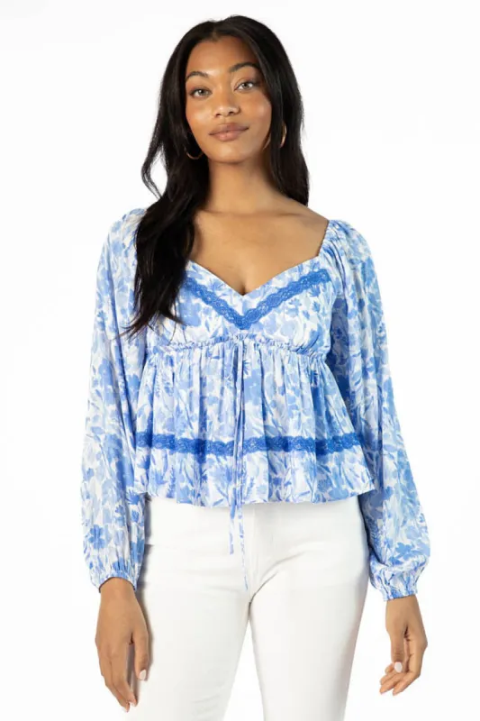 In My Dreams Blue Lace Trim Floral Blouse SALE sold by Pink Lily