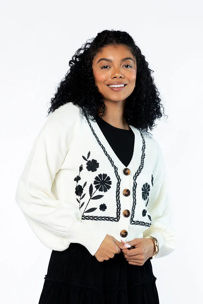 Bloom With Grace Ivory and Black Floral Embroidered Cardigan FINAL SALE sold by Pink Lily