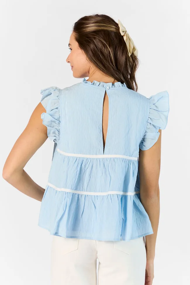 Easy Introductions Blue High Neck Contrast Seam Blouse FINAL SALE sold by Pink Lily product image thumbnail 5