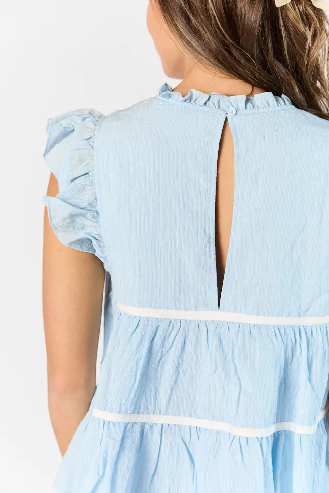 Easy Introductions Blue High Neck Contrast Seam Blouse FINAL SALE sold by Pink Lily product image thumbnail 4