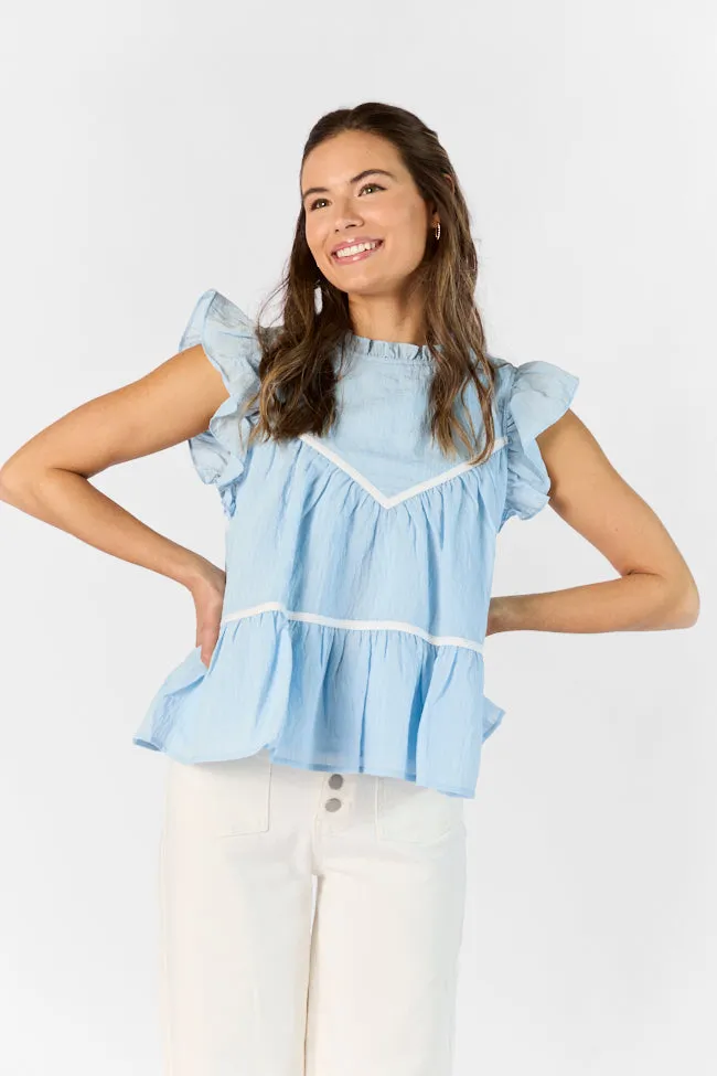 Easy Introductions Blue High Neck Contrast Seam Blouse FINAL SALE sold by Pink Lily