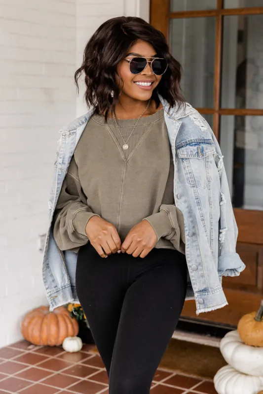 Lifetime Together Olive Cropped Mineral Wash Pullover FINAL SALE sold by Pink Lily