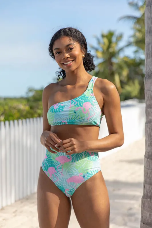 Flamingo Frolic One Shoulder Printed Bikini Top made by Pink Lily