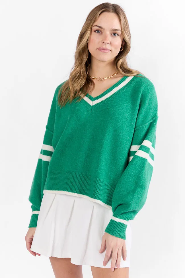 All The Good Green V-Neck Varsity Sweater FINAL SALE sold by Pink Lily