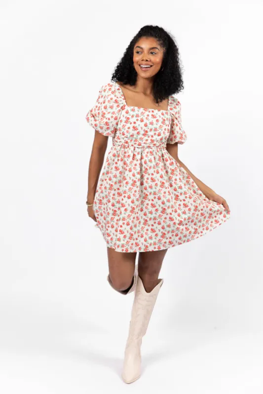 I'm Just A Girl Ivory and Red Rosette Printed Mini Dress FINAL SALE sold by Pink Lily