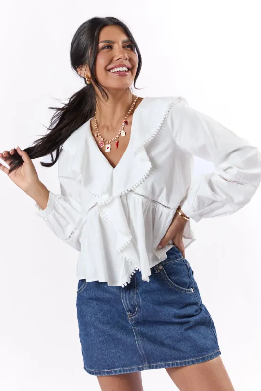 Burn The Breeze Ivory Ladder Detail Ruffle Front Blouse FINAL SALE sold by Pink Lily