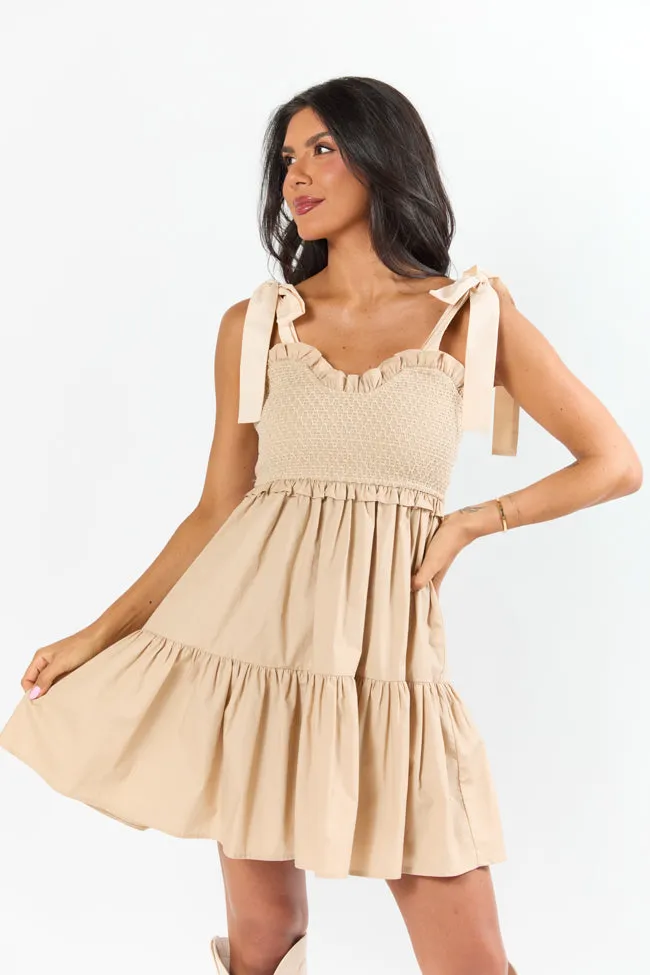 Tell Me More Taupe Tie Shoulder Smocked Mini Dress sold by Pink Lily