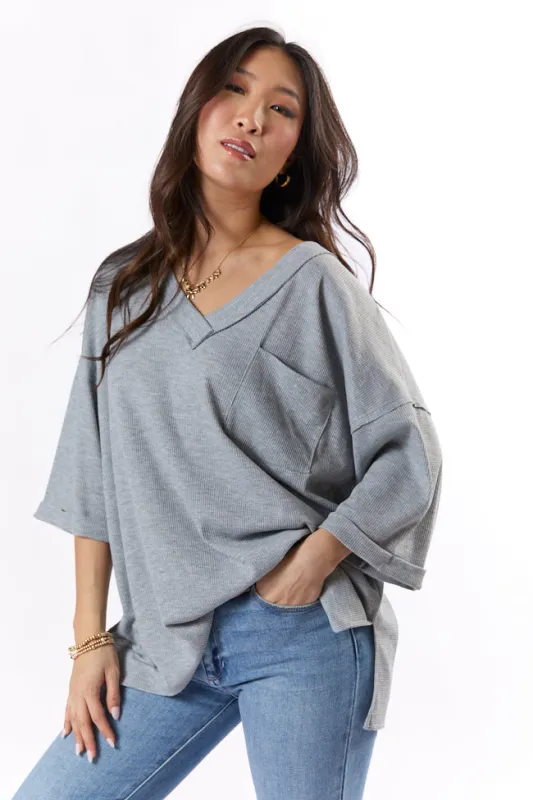 It's Our Time Grey Oversized Pocketed Waffle Tee FINAL SALE sold by Pink Lily