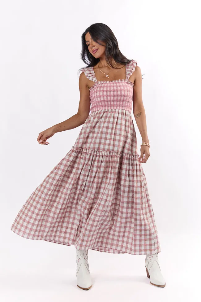 Checked Treasures Pink and Brown Plaid Tiered Midi Dress FINAL SALE sold by Pink Lily product image thumbnail 2