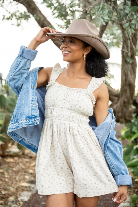 Out West Beige Printed Denim Romper Dress SALE sold by Pink Lily