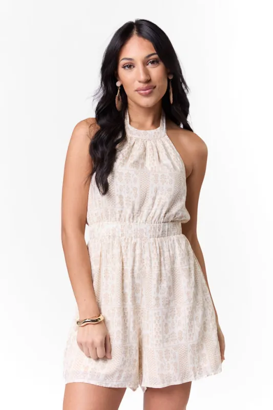 On The Horizon Taupe Halter Neck Printed Romper SALE sold by Pink Lily