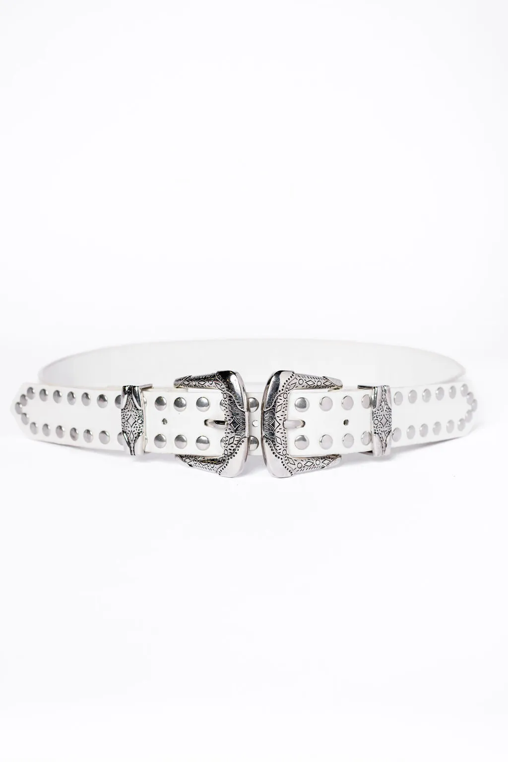 White Double Buckle Belt sold by Pink Lily