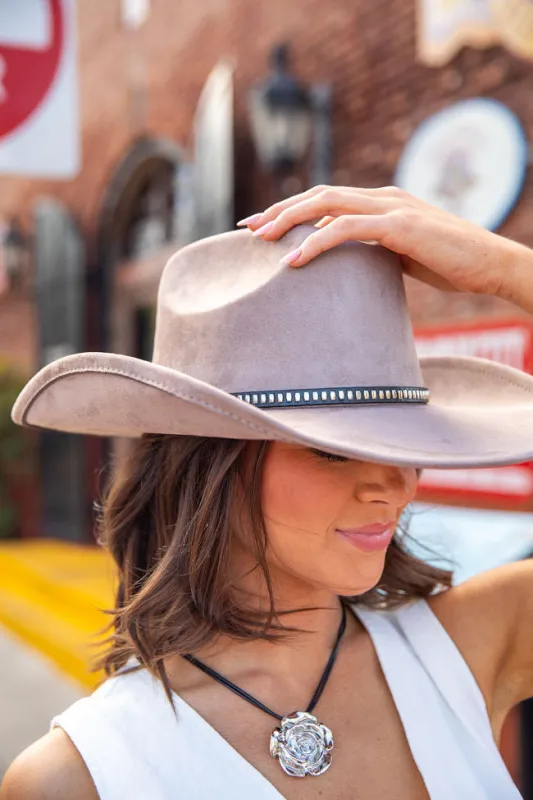 Taupe Rectangle Stud Band Cowboy Hat sold by Pink Lily