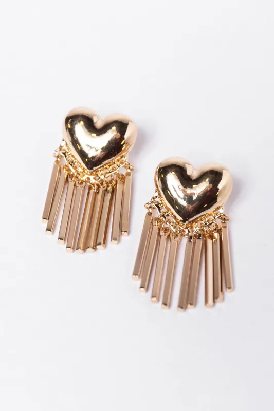 Gold Puff Heart Fringe Earring SALE sold by Pink Lily