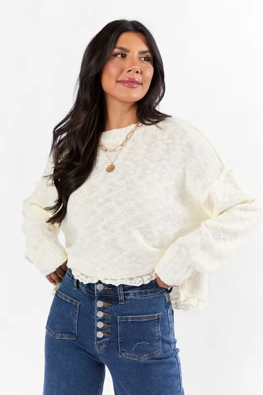 Harp On It Cream Lace Hem Crew Neck Sweater sold by Pink Lily