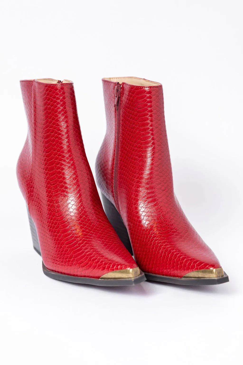 Jessie Red Snakeskin Pointed Toe Bootie sold by Pink Lily