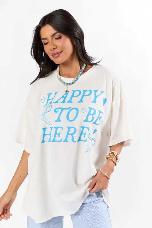 Happy To Be Here Off White Oversized Graphic Tee sold by Pink Lily