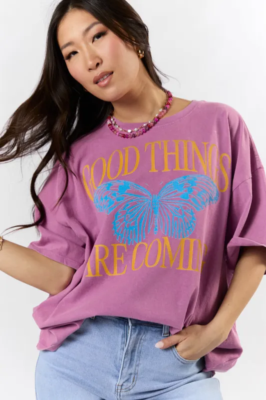 Good Things Are Coming Purple Hyfve Oversized Graphic Tee sold by Pink Lily