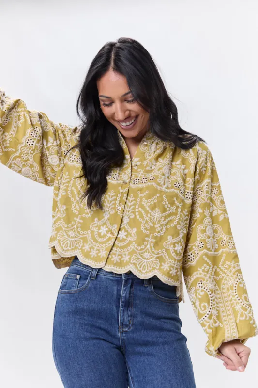 Downtown Delight Chartreuse Embroidered Blouse sold by Pink Lily