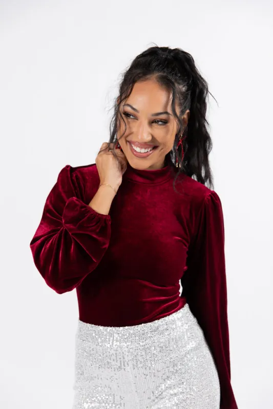 That Bow Though Open Back Velvet Mock Neck Bodysuit FINAL SALE sold by Pink Lily