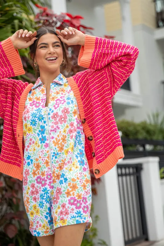 Triple Take Pink and Orange Woven Textured Knit Cardigan sold by Pink Lily