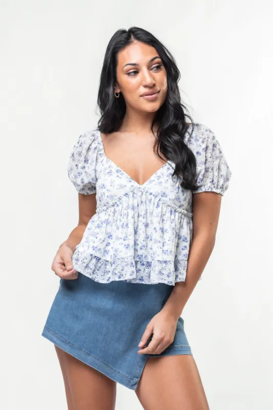 Garden Of Dreams Blue Waffle Knit And Eyelet Trim Floral Short Sleeve Top FINAL SALE sold by Pink Lily