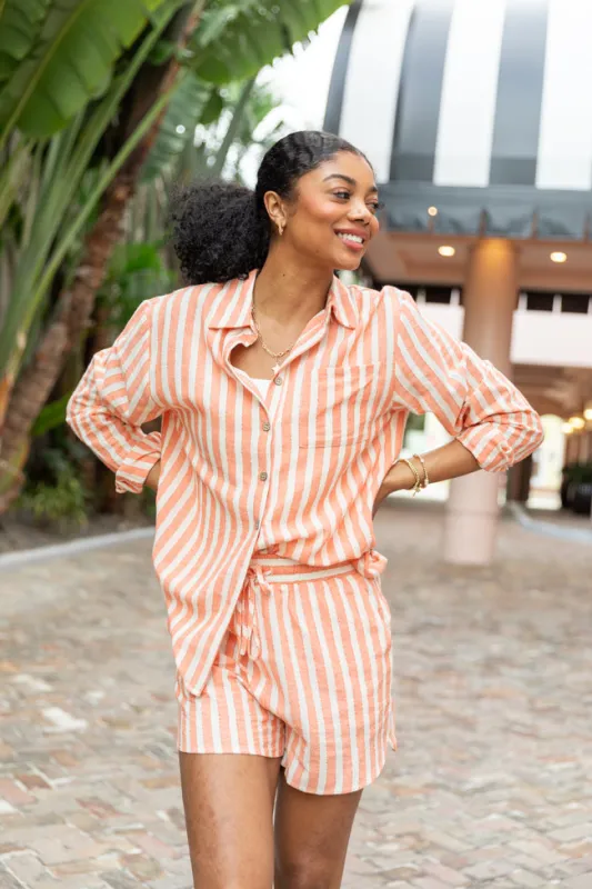With The Tide Coral Striped Button Up Top FINAL SALE sold by Pink Lily